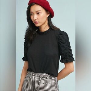 Anthropologie Moon River Black Cotton Poly Shirred Gathered 3/4 Sleeve‎ Tee XS